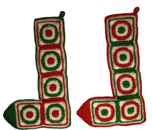"2 medias navideñas vintage tejidas a mano GRANDES rojas verdes blancas 19"" excelentes" - Imagen 1 de 5