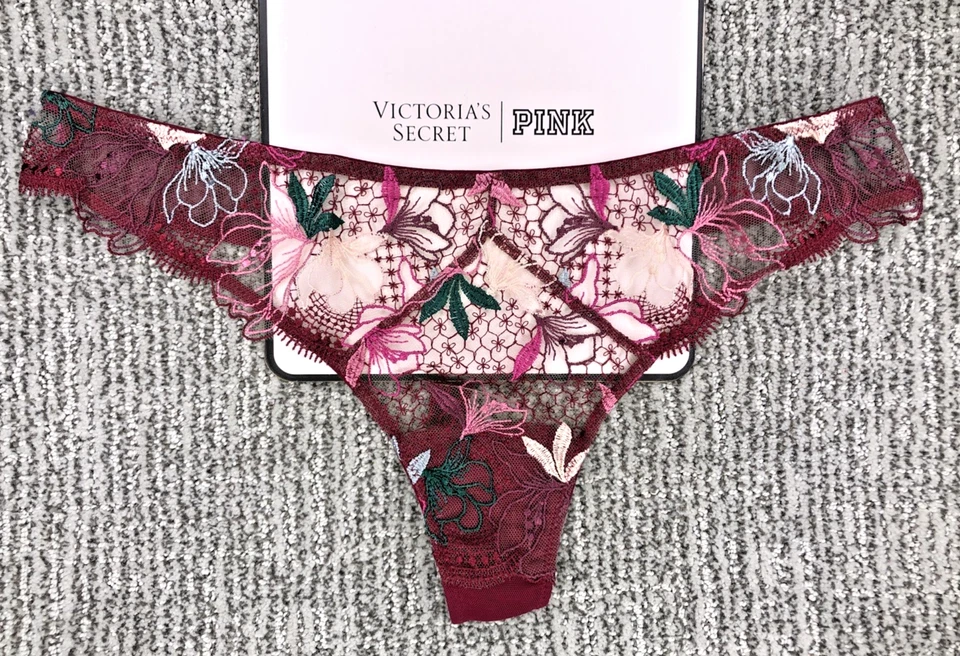 Victoria's Secret Tanga Panty Grande Borgoña Floral Bordado Malla Muy Sexy Nuevo con Etiquetas Foto 1 de 4