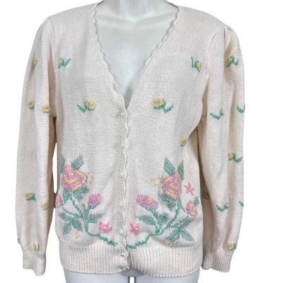 One Step Up 女式刺绣复古开衫袖口毛衣花卉 L 码 — 第 1/4 张图片