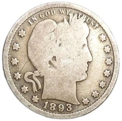 1893-P US SILVER BARBER QUARTER 25c OLD COIN BETTER CONDITION PHILADELPHIA MINT  - Image 1 of 2