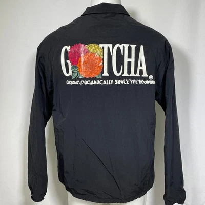 VTG Gotcha 90s Floral Logo Black Nylon Windbreaker Coach Jacket Men's XL - Image 1 of 4