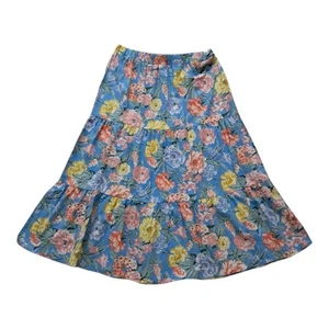 Loft Skirt Women's Large Blue Midi Floral Tiered Pull On Linen Blend Cottagecore - Picture 1 of 8