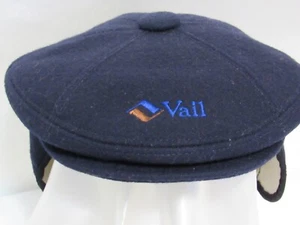 Vintage Vail Navy Wool Flat Cap Hat with Ear Flaps Snap Brim 6 ¾ - 6 7/8 - Picture 1 of 14