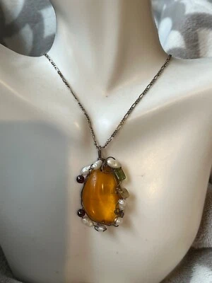 复古波罗的海透明琥珀手工吊坠纯银链 — 第 1/3 张图片