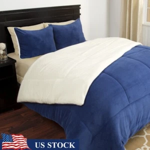Sherpa Fleece Comforter Set Reversible Bedding Soft Cozy Warm Adult Sleep Blue - Picture 1 of 4