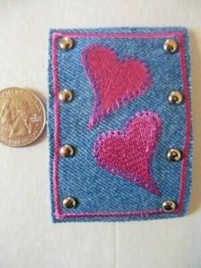 Hearts on Denim Iron-On Applique - NEW - 2.25"x 3.25" - Picture 1 of 1