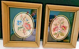 VTG Pair Framed Art Petit Point Floral Flower Needlepoint Handmade 5" x 6" - Picture 1 of 11