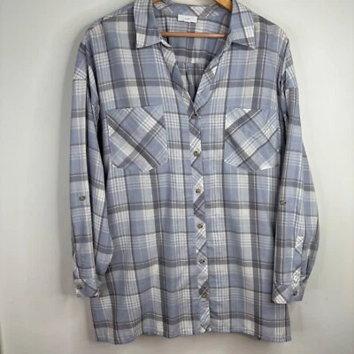 Top a Cuadros J Jill 2X Púrpura Abotonable Pestaña Enrollable Minimalista Preppy Boho Lagenlook Foto 1 de 4