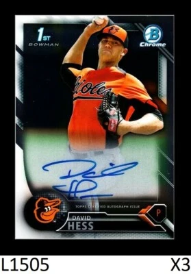 1-2016 BOWMAN CHROME PROSPECTS AUTO DAVID HESS ORIOLES QTY - Image 1 of 2