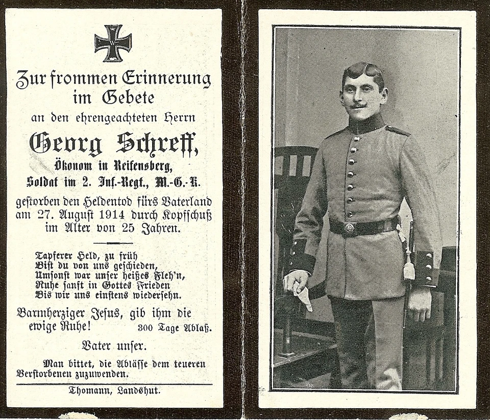 Aviso de muerte: Regimiento de infantería del ejército alemán 2 unidad de ametralladora soldado KIA 1914 Foto 1 de 1