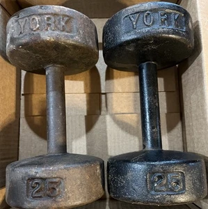 Vintage Paar York Gusseisen 25 Pfund Rundkopf Hanteln insgesamt 50 - Bild 1 von 4