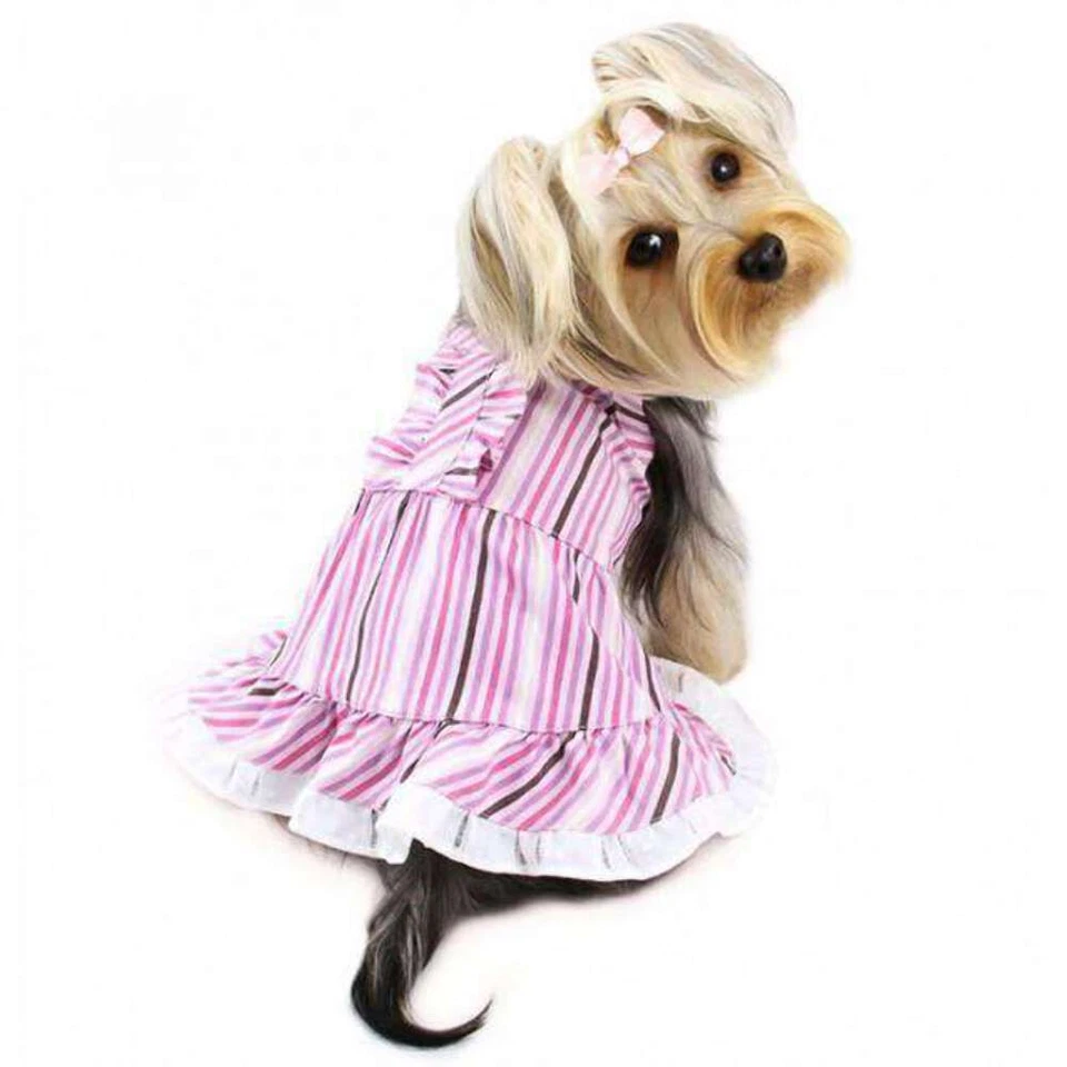 Elegant Pink and Purple Striped Dog Dress with Ruffle By Klippo - Image 1 of 3