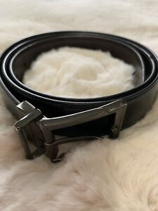 Penguin black leather belt mens sz 40/100 genuine leather EUC Silver Tone Buckle
