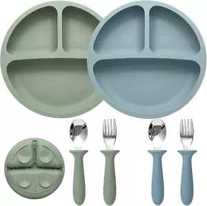 Baby Feeding Set, 2 Pack Silicone Divided Suction Plates for Baby, 2 Pack Spoons - Picture 1 of 7