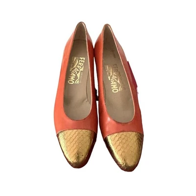 Salvatore Ferragamo Margaret Cuero Naranja Dorado Piel Exótica Textura Puntera Dorada Nuevo en Caja Foto 1 de 4