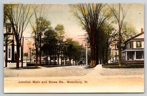 Junction of Main St & Stowe St, Waterbury, Vermont 1900s Postcard - Picture 1 of 2