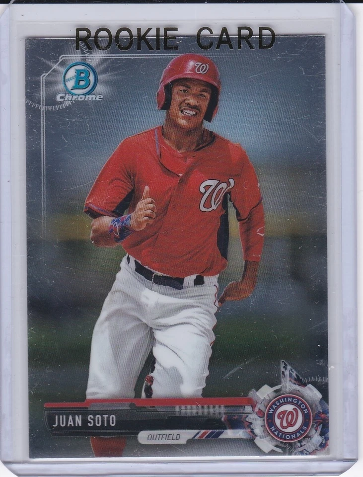 Tarjeta de novato Juan Soto 2017 Bowman cromada MLB RC Nationals New York Yankees Mets Foto 1 de 2