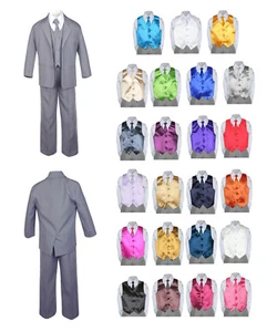 7pc Baby Toddler Boy Formal Party Medium Gray Suit w/Satin Vest & Necktie M-20 - Picture 1 of 25