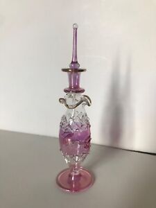 Glass Perfume Bottle mouth blown hand painted gold trimmed Pink birdie