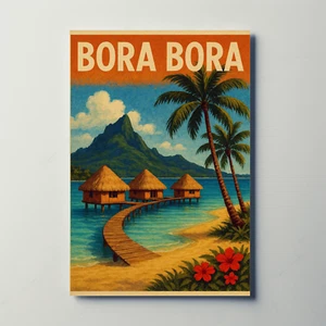 Bora Bora Vintage Huts Palm Tree Beach Travel Poster - Picture 1 of 20