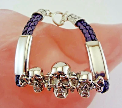 Pulsera de palanca de cuero negro y calavera e imitación - exclusiva - decorativa - tono plata Foto 1 de 4