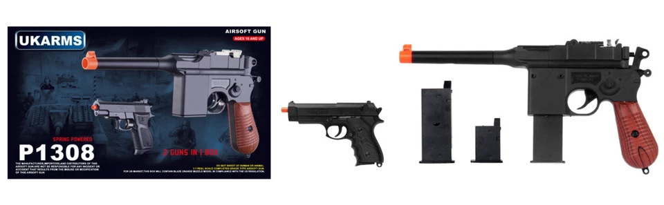 2x Pistols- 12" P1308 Spring Airsoft Handgun Gun Air Soft 185 FPS UKARMS w/ BBs