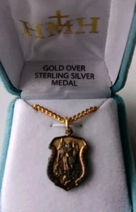 HMH Sterling Silver 925 St Michael Shield Medal 16k Gold Plate Necklace Catholic - Picture 1 of 6
