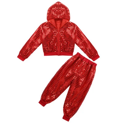 Boys Girls Sequins Hip-Hop Jazz Dance Outfits Long Sleeves Hooded Top Pants Set - Image 1 of 2