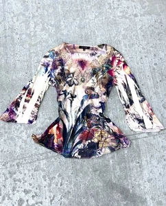 Vtg Y2K B.L.E.U Flowy 3/4 Long Sleeve Top Floral Boho Fairycore Earthy Whimsy - Picture 1 of 6