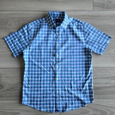 Camisa UNTUCKit Para Hombres Mediana Azul Verde A Cuadros Manga Corta Calce Ajustado Algodón Informal Foto 1 de 4
