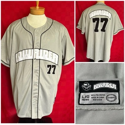 Camiseta deportiva de béisbol PERFECTA marca Lowrider #77 cosida talla grande/XL gris revista LA Foto 1 de 4