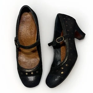 Chie Mihara Women’s 37.5 / US 7.5 Navy Suede Gold Polka Dot Mary Jane Heels - Picture 1 of 11
