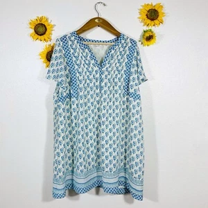 Rose + Olive Smocked Floral Blouse Size 2X Button Up Tunic Short Sleeve Blue - Picture 1 of 9