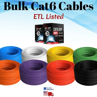 Bulk CAT6 ETL Rated Cable 1000ft 500ft Riser CMR Solid Bare Copper RJ45 Ethernet - Image 1 of 4