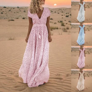 Women's Polka Dot V Neck Long Maxi Dress Ladies Boho Summer Holiday Sundress US - Picture 1 of 20