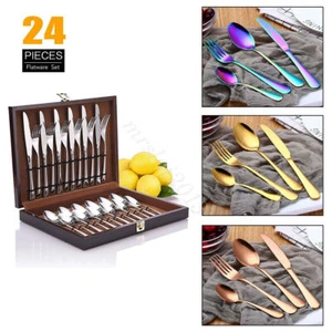 24 pcs cutlery set stainless steel cutlery in wooden box knife fork spoon sets - Picture 1 of 38