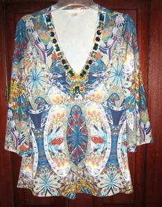 Boston Proper S Stretch Top Blouse Shirt Beaded Jeweled Paisley Feather Native - Picture 1 of 3