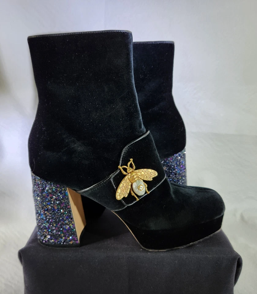 Gucci Glitter Heel Pearl Bee Black Velvet Ankle Platform Boots Size EU37 DS29 - Image 1 of 4