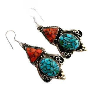Women's Earring - Nepalese Handmade Tibetan Ethnic Turquoise Coral Drop Ear Ring - Bild 1 von 12
