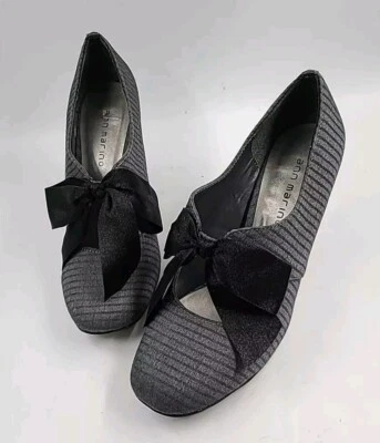 Zapatos de tacón con moño satinado Ann Marino gris a rayas tela sin cordones 10M.  GWSB Foto 1 de 4
