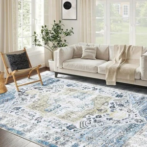 10x13 Blue Rug Vintage Oriental Print Distressed Accent Carpet Floral Durable - Picture 1 of 7