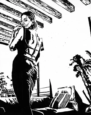 Pincel original y tinta ilustración expresionismo mujer en una habitación Foto 1 de 2