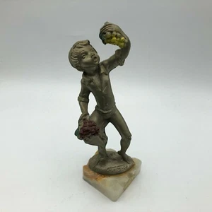 AUTUNNO Boy Eating Grapes Sculpture Onyx Italy Base Art Deco Vintage Signed - Picture 1 of 11