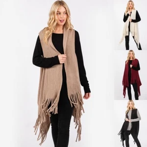 Anthropologie Style Women's Embossed Dotted Line Tassel Knit Vest Shawl Ruana - Picture 1 of 32