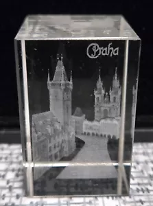 PRAHA Prague 3D LASER ETCHED GLASS BLOCK Paperweight OLD TOWN SQUARE - Picture 1 of 7