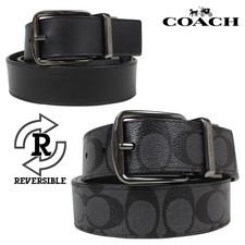 Coach F64839 Signature Reversible Belt Cut To Size  Charcoal Black NWT
