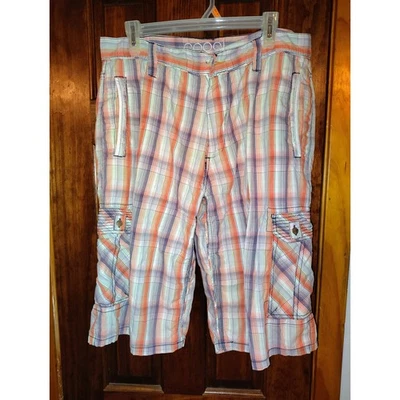 COOGI 格子男式工装卡普里短裤尺寸 34 橙色蓝色城市风格 — 第 1/4 张图片