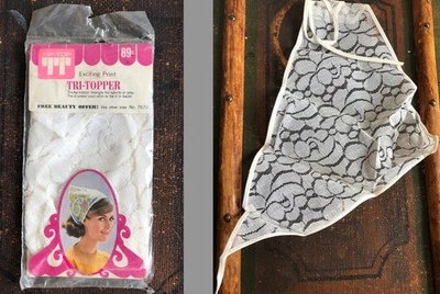 NOVO NA CAIXA CACHECOL DE CABELO LENÇO DE RENDA VINTAGE ANOS 70 COM CORDAS DE GRAVATA TRIÂNGULO BRANCO 19" - Imagem 1 de 4