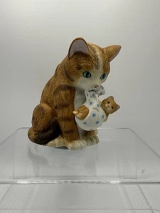 Vintage 1983 Mann Music Box Orange Tabby Cat Holding Kitten Porcelain Japan Work - Picture 1 of 8