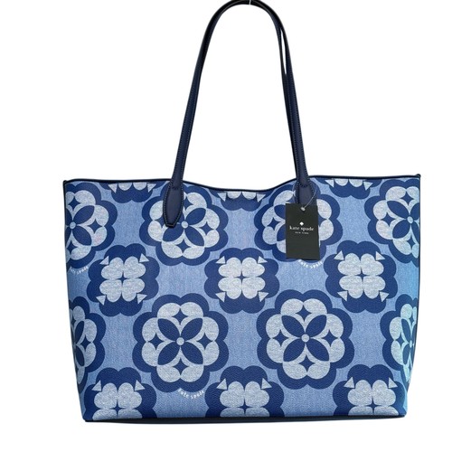 Borsa donna Kate Spade grande blu vanga fiore monogramma spazio esterno KF650 nuova con etichette